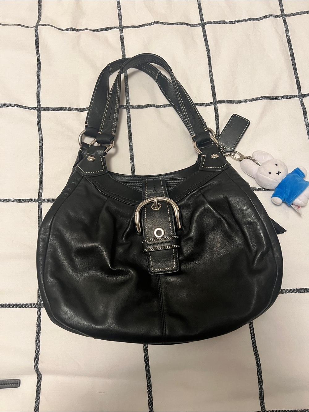Coach Vintage Black Leather Shoulder Bag with Buckle Detail
